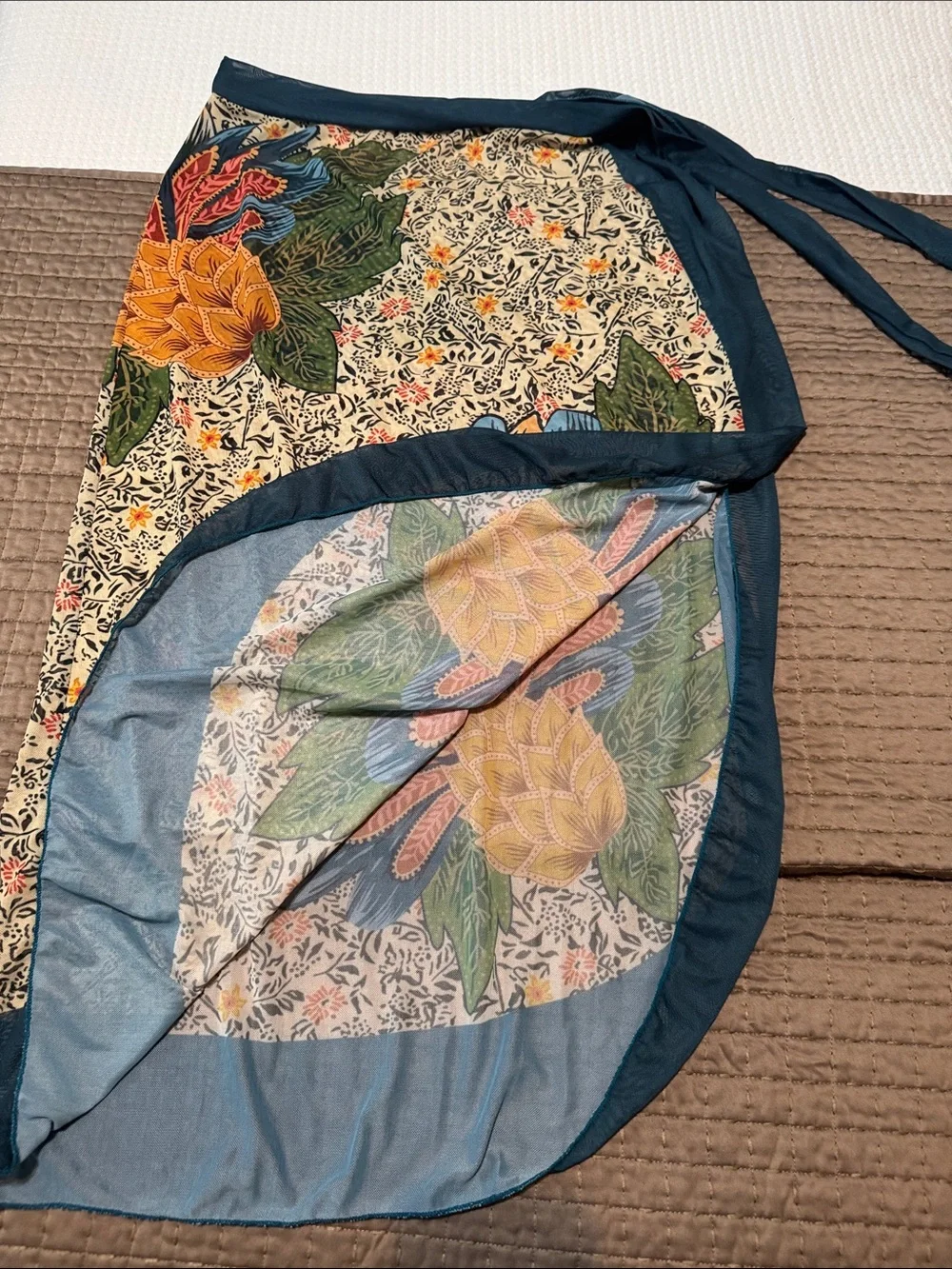 Women’s Floral Tie-Side Swim Cover in Cream and Blue 2XL